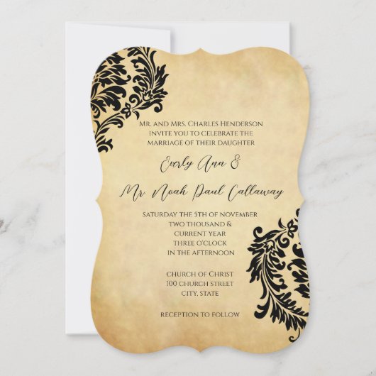 Golden  Black Damask Wedding Invitations Kaart (Voorkant)