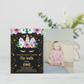 Golden Black Eenhoorn Verjaardag Uitnodigingen een (Staand voorkant)