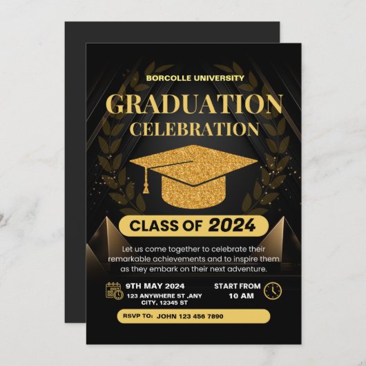 Golden Black Elegant Afstuderen Invitation Kaart (Voorkant / Achterkant)