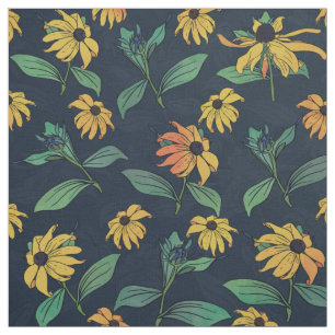Golden Black-Eyed Daisy Flowers Dark Blue Design Stof