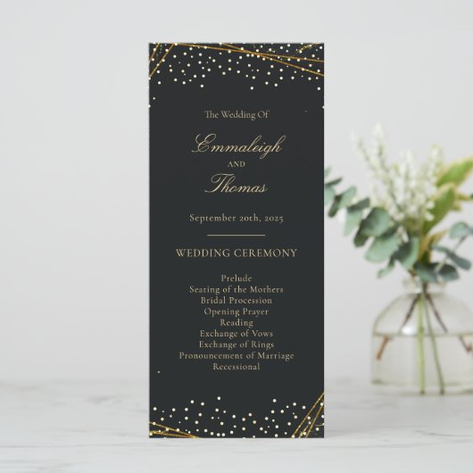 Golden Black Glitter Confetti bruiloft Programmakaart (Staand voorkant)