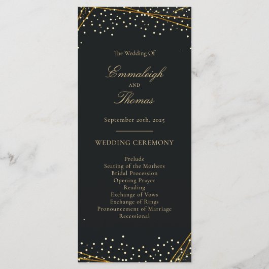 Golden Black Glitter Confetti bruiloft Programmakaart (Voorkant)
