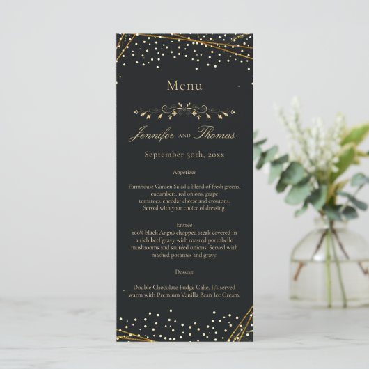 Golden Black Glitter Confetti Wedding Menu (Staand voorkant)