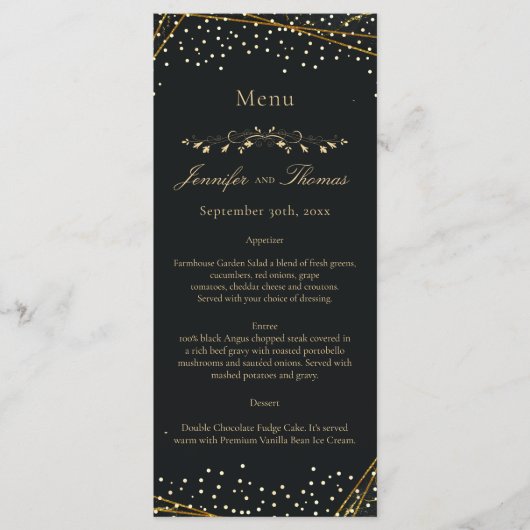 Golden Black Glitter Confetti Wedding Menu (Voorkant)