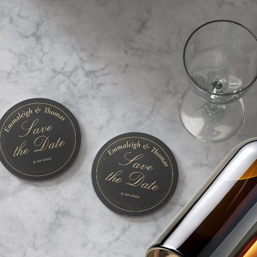 Golden Black Glitter Sla de datum op Ronde Kartonnen Onderzetter