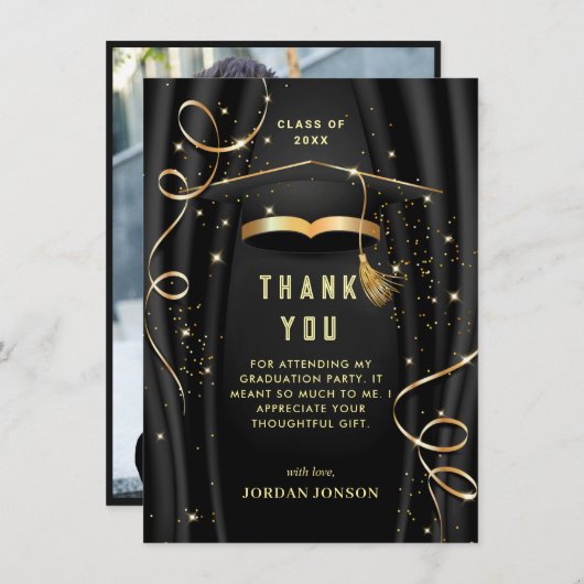 Golden Black Modern Afstuderen FOTO Bedankkaart (Voorkant / Achterkant)