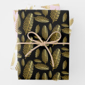 Golden Black Palm Leaf Pattern Inpakpapier Vel (In situ)