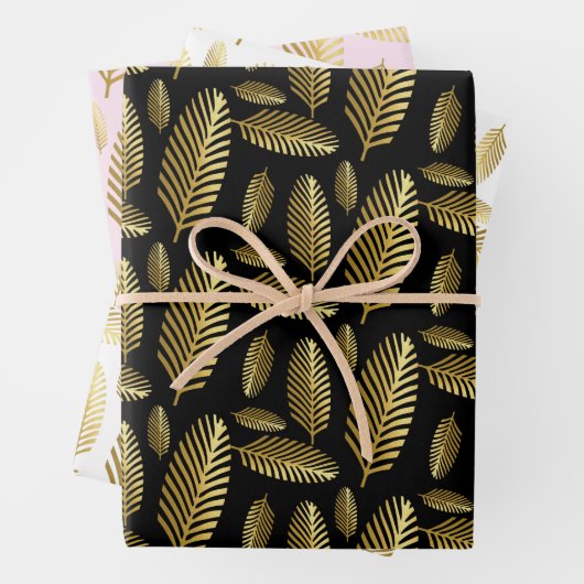 Golden Black Palm Leaf Pattern Inpakpapier Vel (In situ)