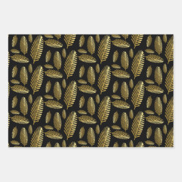 Golden Black Palm Leaf Pattern Inpakpapier Vel