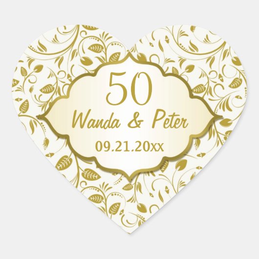 Golden bladeren 50th Wedding Jubileum Hart Sticker (Voorkant)