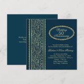 Golden bladeren op blauw 50th Wedding Jubileum Kaart (Voorkant / Achterkant)