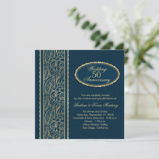 Golden bladeren op blauw 50th Wedding Jubileum Kaart (Staand voorkant)