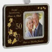 Golden bladeren op bruin 50th Wedding Jubileum Verzilverd Omlijst Ornament (Rechts)