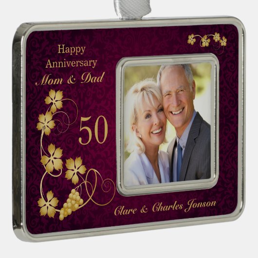 Golden bladeren op paars 50th Wedding Jubileum Verzilverd Omlijst Ornament (Rechts)