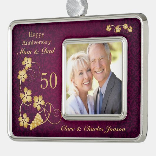 Golden bladeren op paars 50th Wedding Jubileum Verzilverd Omlijst Ornament (Links)