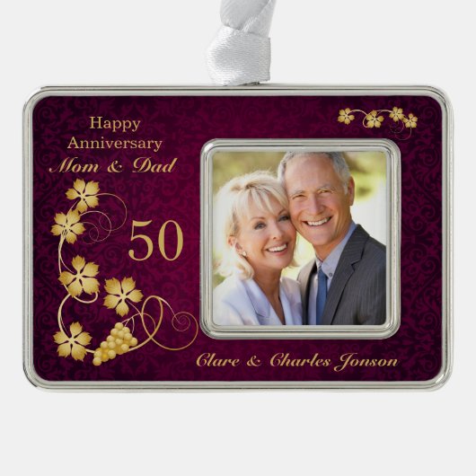 Golden bladeren op paars 50th Wedding Jubileum Verzilverd Omlijst Ornament (Voorkant)