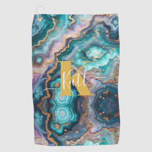 Golden Blauwgroen Aqua Agaat Custom Modern Monogra Golfhanddoek (Voorkant)