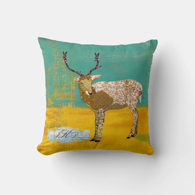 Golden Blauwgroen  Deer Monogram Mojo Pillow Kussen (Voorkant)