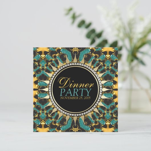 Golden Blauwgroen New age Bohemian Dinner Party no Kaart (Staand voorkant)