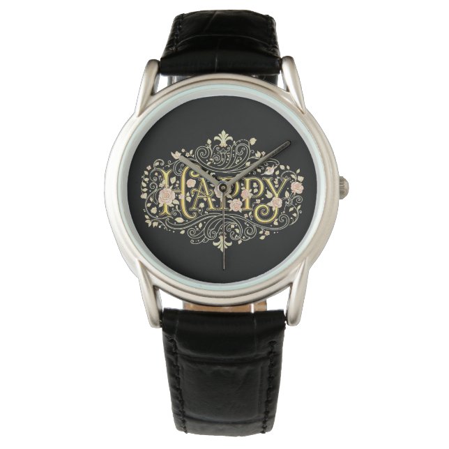Golden Bliss: Elegant Floral Happy Horloge (Voorkant)