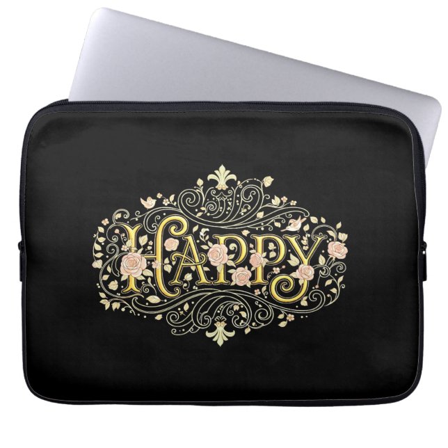 Golden Bliss: Elegant Floral Happy Laptop Sleeve (Voorkant)