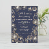 Golden bloemen op blauw 65th Wedding Jubileum Kaart (Staand voorkant)