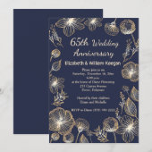 Golden bloemen op blauw 65th Wedding Jubileum Kaart (Voorkant / Achterkant)