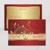 Golden bloemen op rode vochtige bruiloft RSVP (Voorkant / Achterkant)