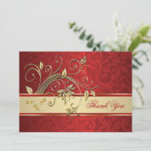 Golden bloemen op rood kleed Dank je Bedankkaart (Staand voorkant)