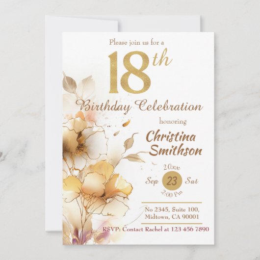 Golden Bloom - bloemig elegant modern 18e verjaard Kaart (Voorkant)