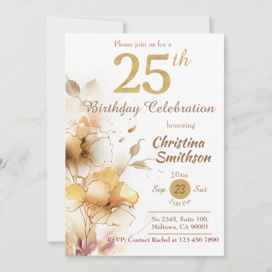 Golden Bloom - bloemig elegant modern 25e verjaard Kaart (Voorkant)