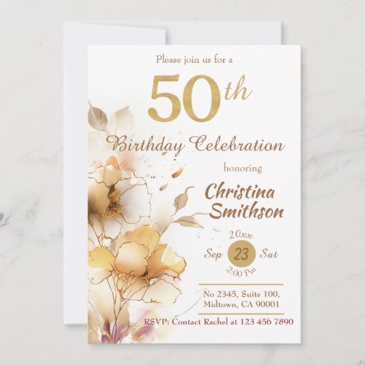 Golden Bloom - bloemige elegante moderne 50e verja Kaart (Voorkant)