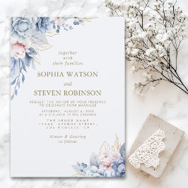Golden Bloom: Blue & White Floral Wedding Kaart
