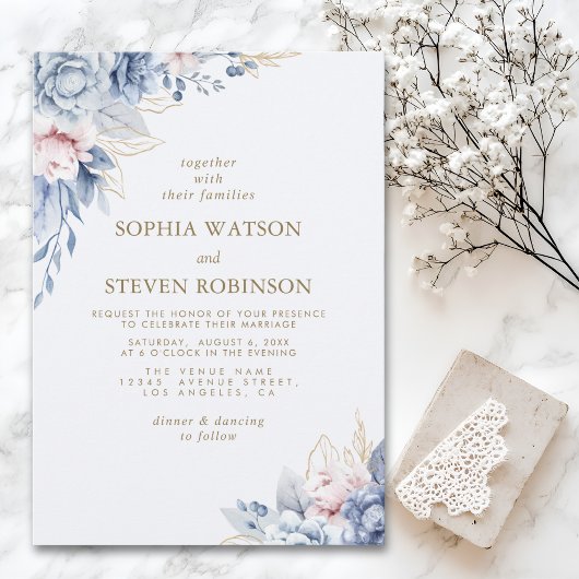 Golden Bloom: Blue & White Floral Wedding Kaart
