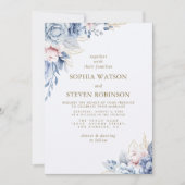 Golden Bloom: Blue & White Floral Wedding Kaart (Voorkant)