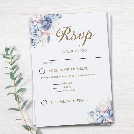Golden Bloom: Blue & White Floral Wedding RSVP Kaartje