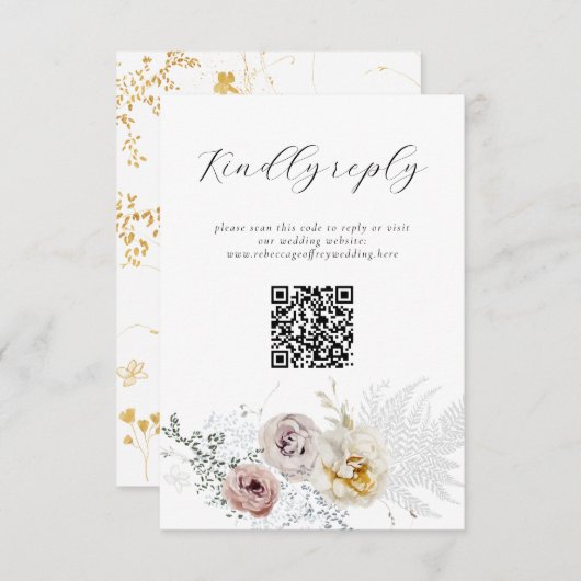 Golden Bloom Delicate Floral Calligraphy QR Code RSVP Kaartje (Voorkant / Achterkant)