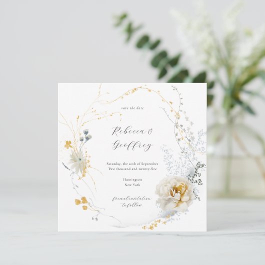 Golden Bloom Delicate Floral Calligraphy Square Save The Date (Staand voorkant)