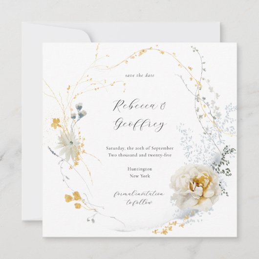 Golden Bloom Delicate Floral Calligraphy Square Save The Date (Voorkant)