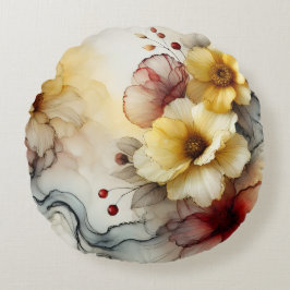 Golden Bloom Elegantie: Abstracte Bloemenserenitei Rond Kussen