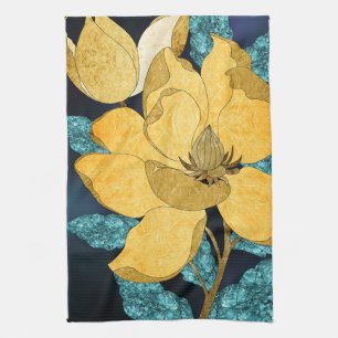 Golden Bloom met Blauwgroen bladeren Abstracte Blo Theedoek