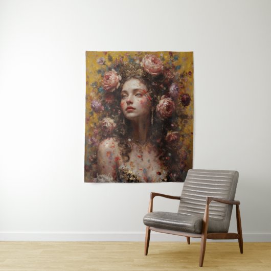 Golden Bloom Muse – Vertical Wall Tapestry Wandkleed (In situ)