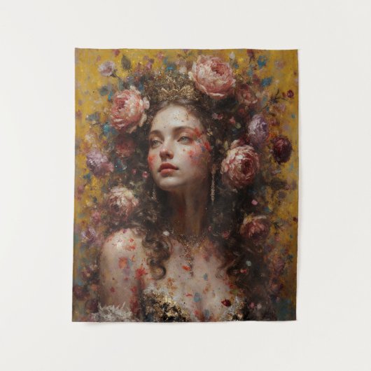 Golden Bloom Muse – Vertical Wall Tapestry Wandkleed (Voorkant)