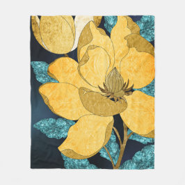 Golden Bloom with Teal Leaves Abstract Floral Fleece Deken