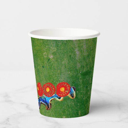 Golden Blue Antiek Catrina Over Green Washing Boho Papieren Bekers (Achterkant)