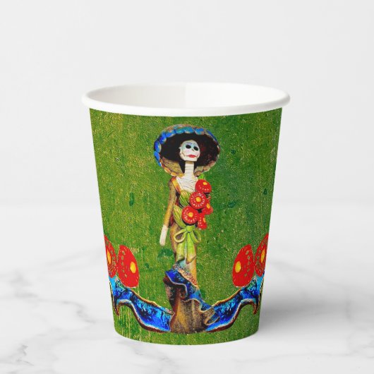 Golden Blue Antiek Catrina Over Green Washing Boho Papieren Bekers (Links)
