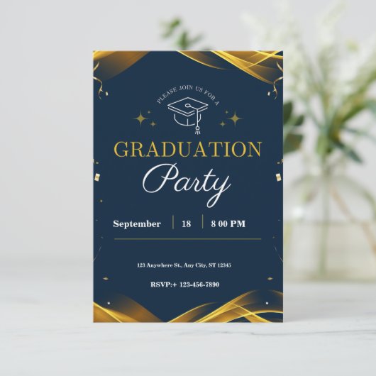 Golden Blue Graduation Party uitnodiging (Staand voorkant)