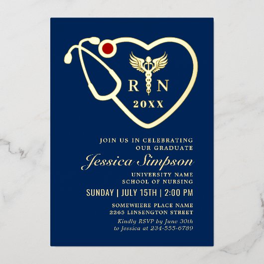 Golden Blue Modern Nursing School Graduparty Folie Uitnodiging (Voorkant)