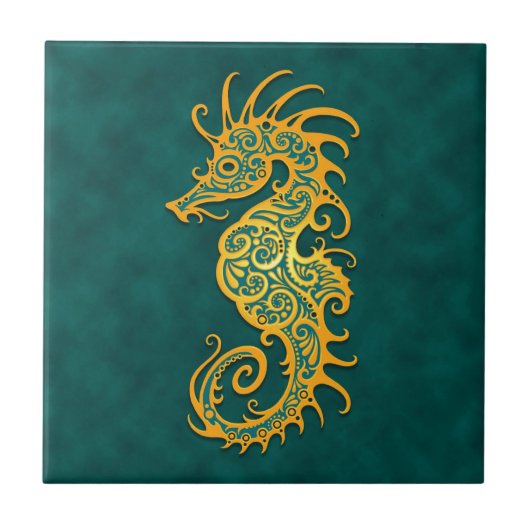 Golden Blue Tribal Seahorse Tegeltje (Voorkant)