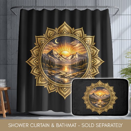 Golden Boho Mandala Mountain Sunset Art | Black Badmat